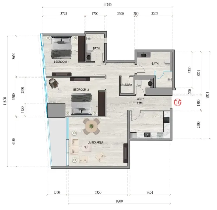 Al Ghaf Tower 2 bed floor plan, 1,274 sqft