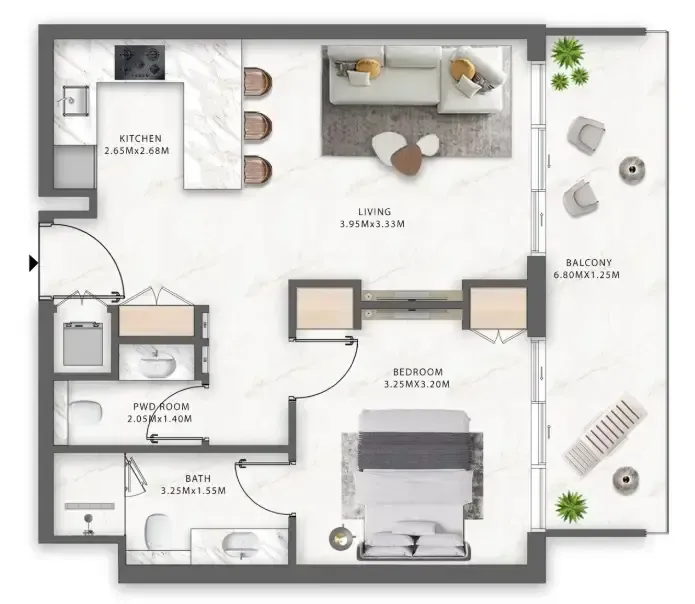 One Central 1 bed floor plan, 677 sqft