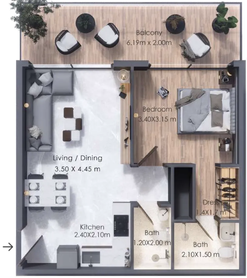 Moonsa Residences 2 1 bed floor plan, 1,716 sqft