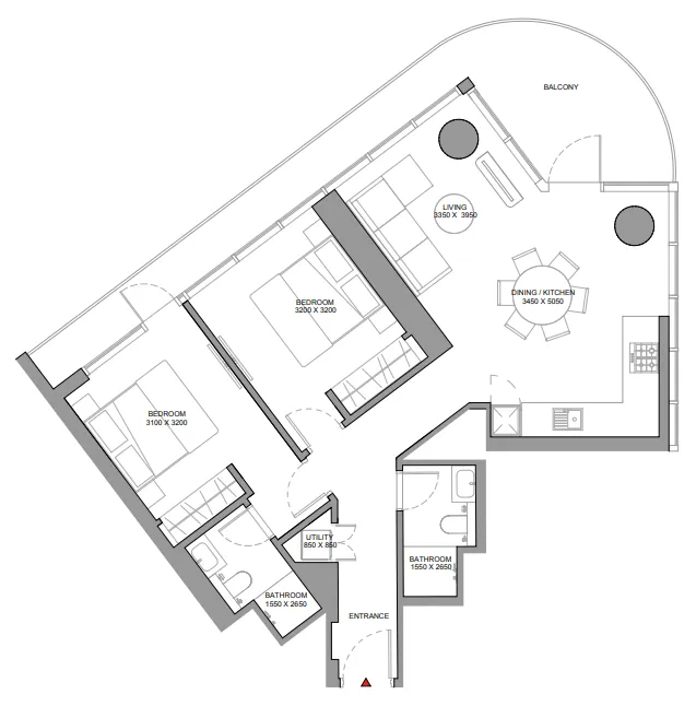 Sobha Solis 2 bed floor plan, 1,126 sqft