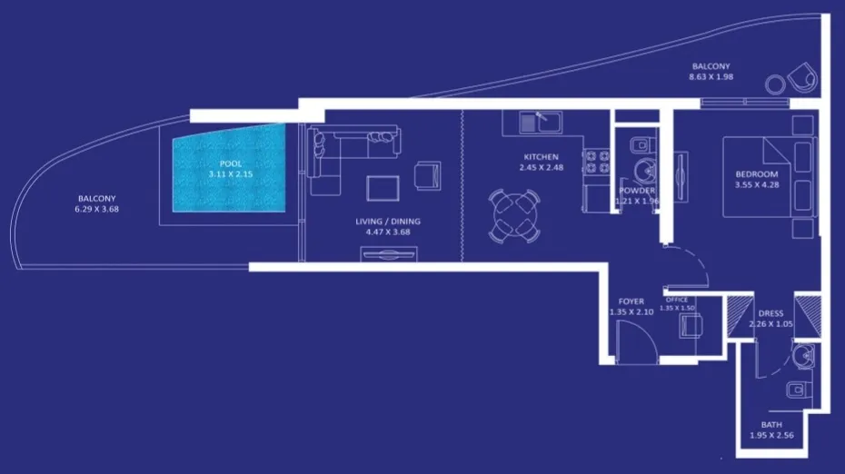 Oceanz 1 bed floor plan, 916 sqft