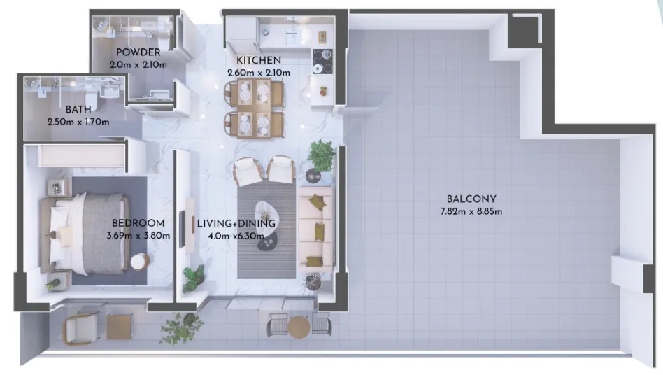 Olivia Residences 1 bed floor plan, 1,410 sqft
