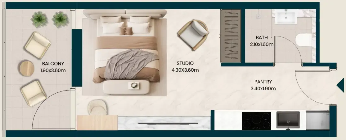 Kyomi Residences Studio floor plan, 388 sqft
