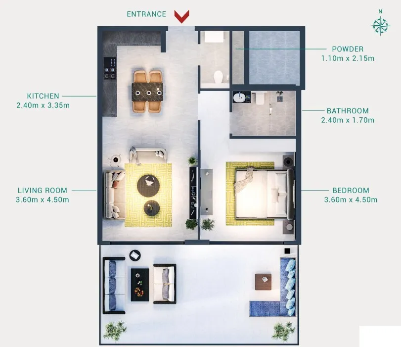 Milos 1 bed floor plan, 907 sqft
