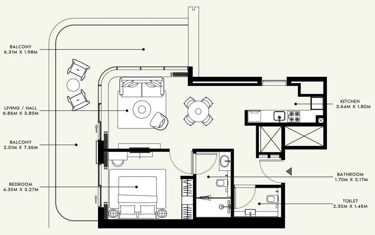 Azizi Venice 1 bed floor plan, 1,005 sqft