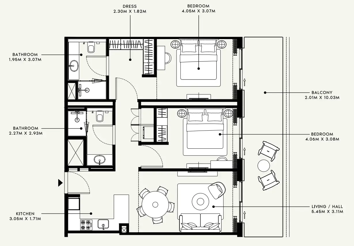 Azizi Venice 2 bed floor plan, 1,151 sqft