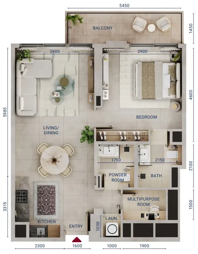 Mirdad 1 bed floor plan, 883 sqft