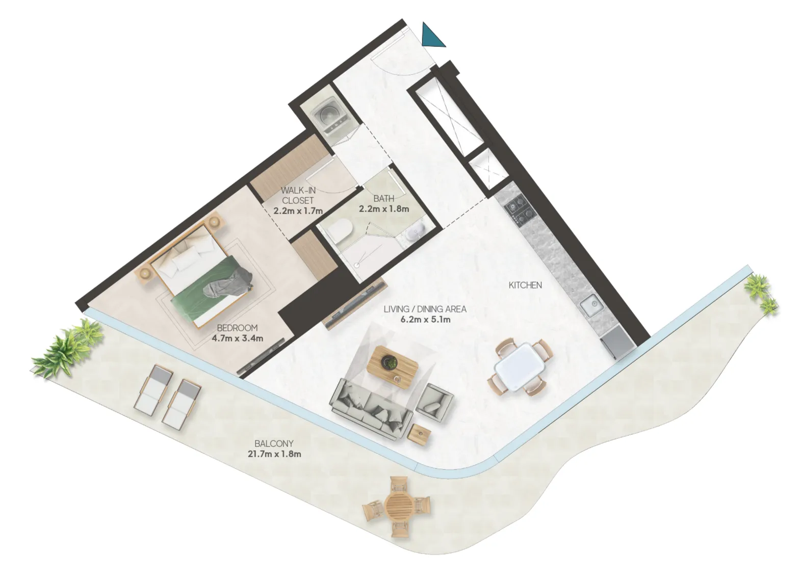 Oystra 1 bed floor plan, 1,162 sqft