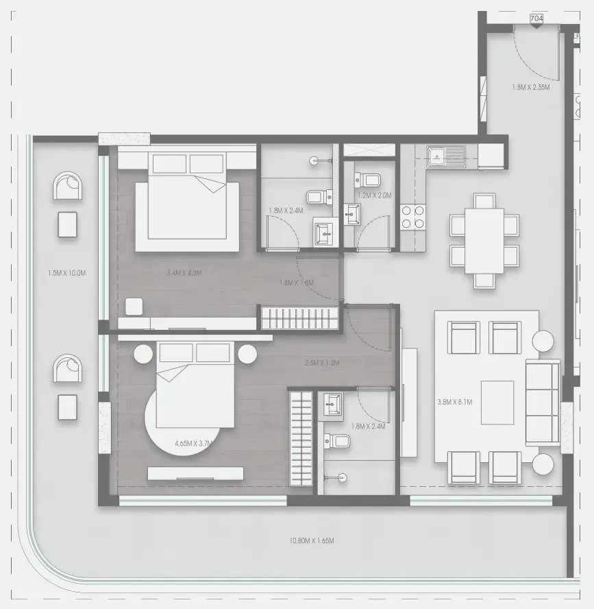Valores Residences 2 bed floor plan, 1,404 sqft