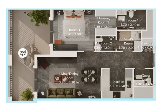 Bab Al Qasr Garden Residences 65 1 bed floor plan, 889 sqft