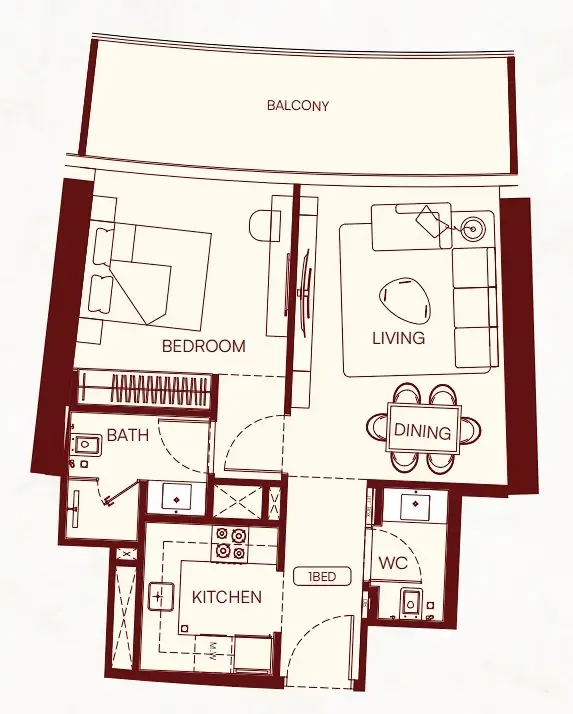 Binghatti Skyflame 1 bed floor plan, 723 sqft