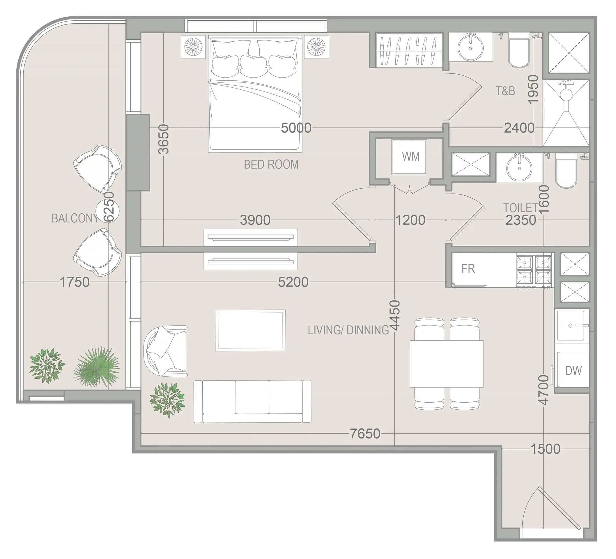 VERDAN1A 5 1 bed floor plan, 758 sqft
