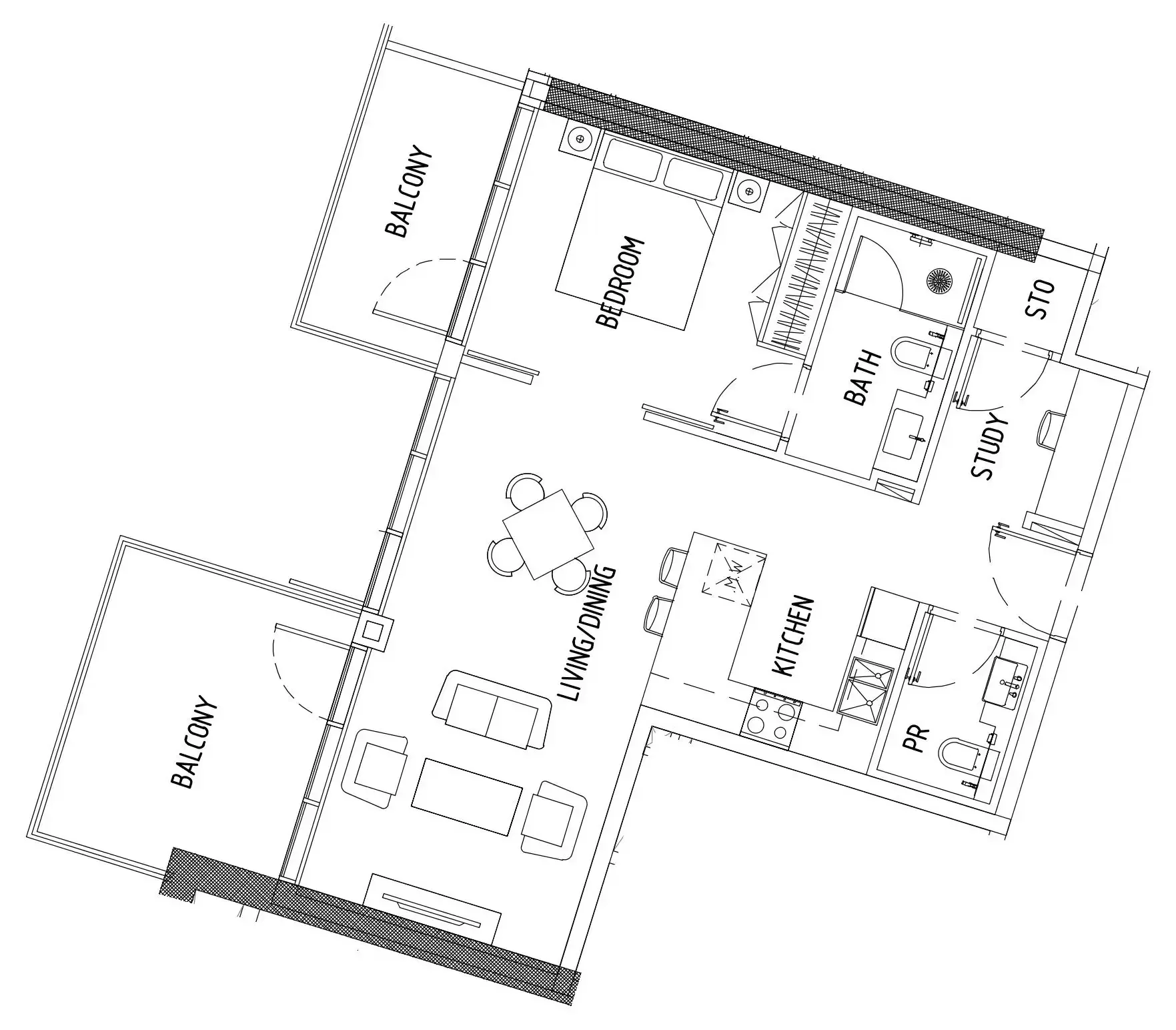 Damac District 1 bed floor plan, 869 sqft