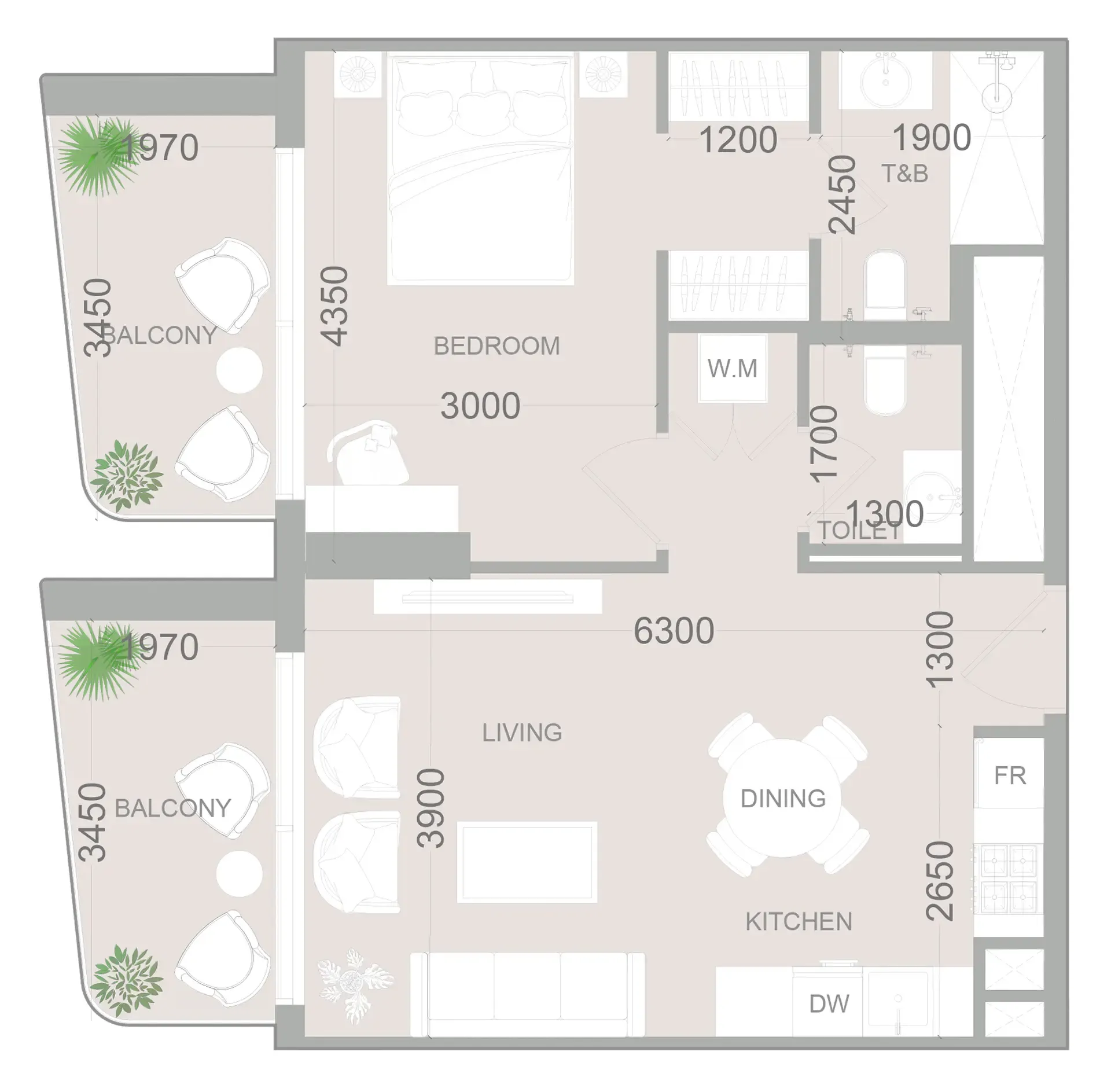 ELAR1S Sky 1 bed floor plan, 720 sqft