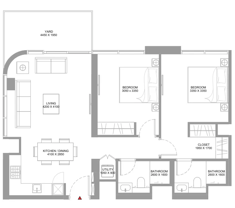 Coastline Beach Residences 2 bed floor plan, 965 sqft