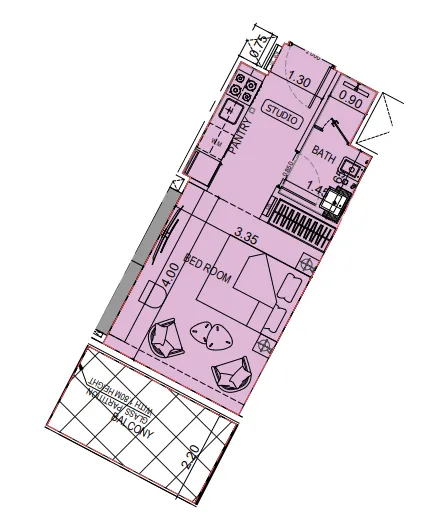 Binghatti Flare Studio floor plan, 384 sqft