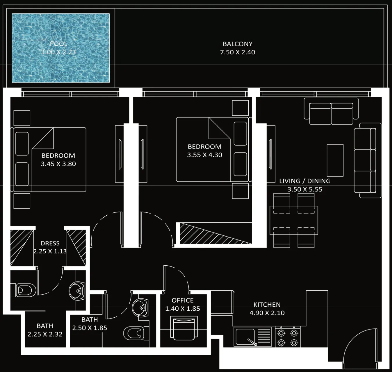 Diamondz 2 bed floor plan, 1,107 sqft