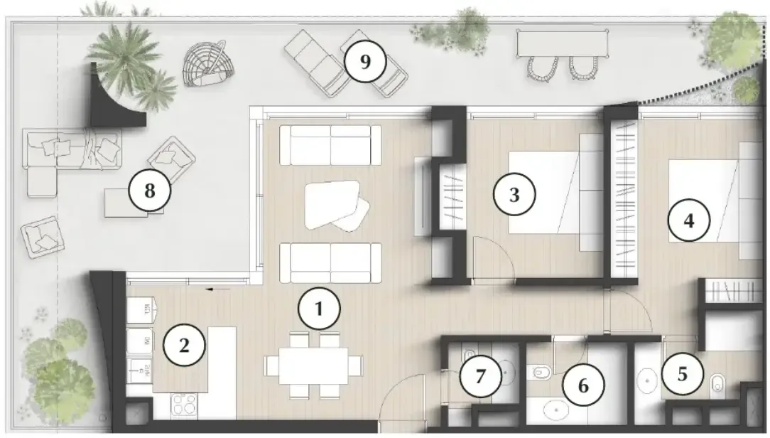 Lunaya Terraces 2 bed floor plan, 1,615 sqft