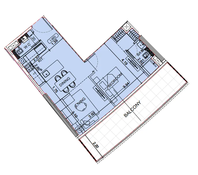 Binghatti Aquarise 1 bed floor plan, 824 sqft