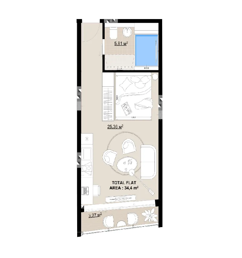 Buddha Club House Studio floor plan, 370 – 371 sqft