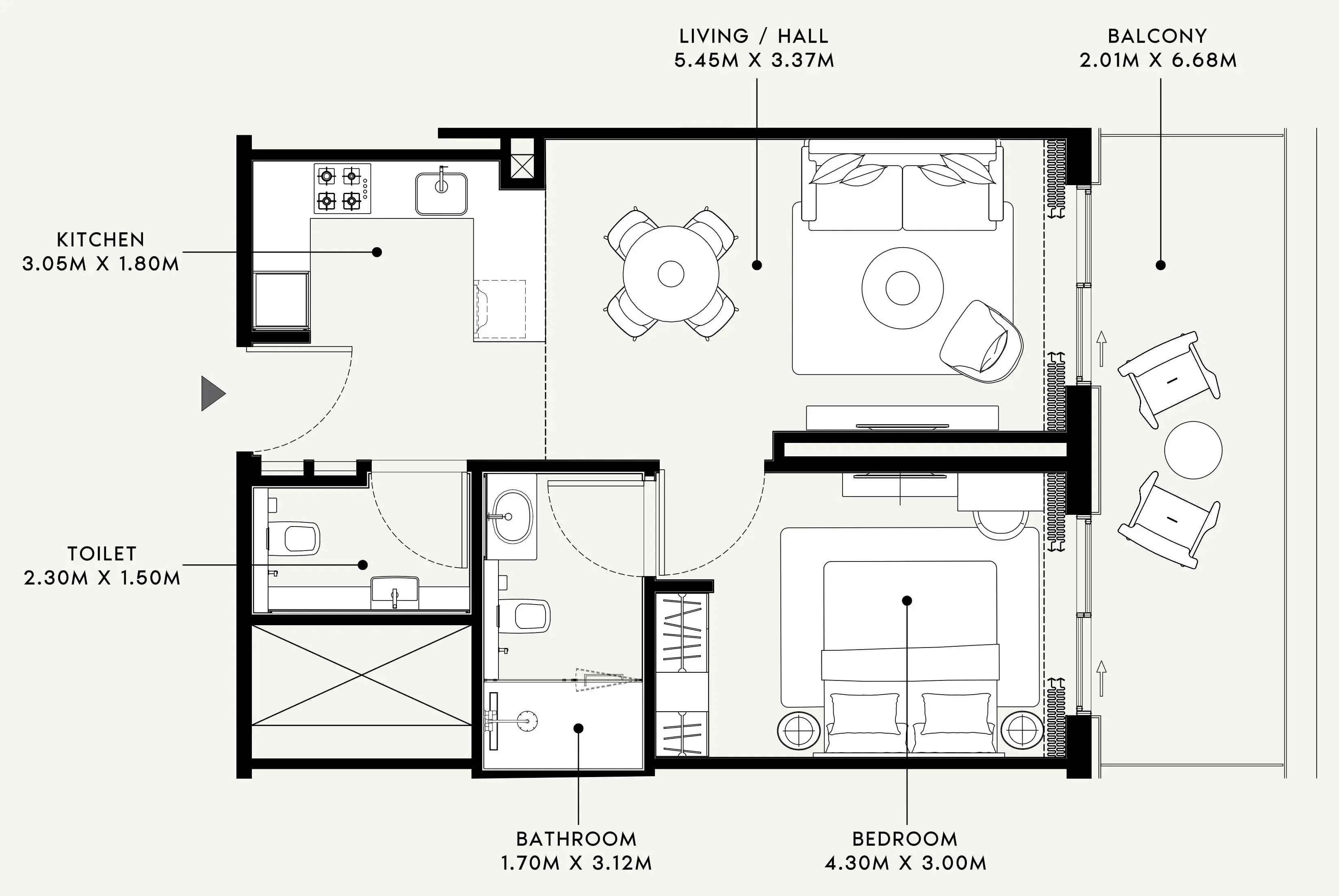 Azizi Venice 1 bed floor plan, 740 sqft