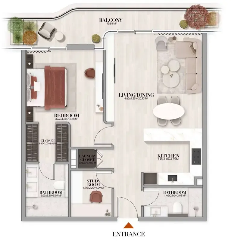 Gate Eleven by Amwaj Development 1 bed floor plan, 890 sqft