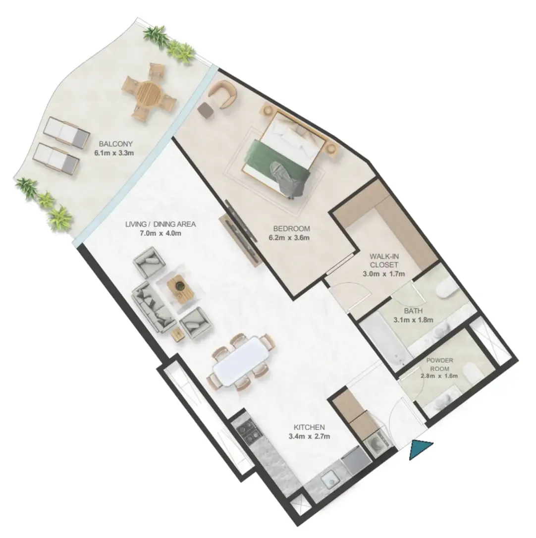 Oystra 1 bed floor plan, 1,201 sqft