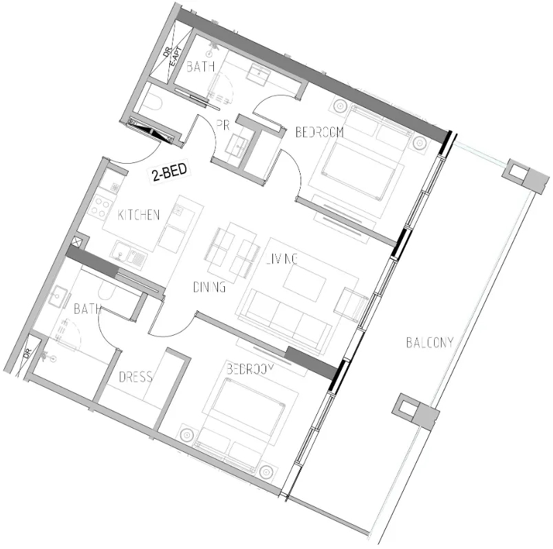 Shoreline 2 bed floor plan, 1,245 sqft