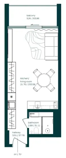 Vibe Studio floor plan, 412 sqft