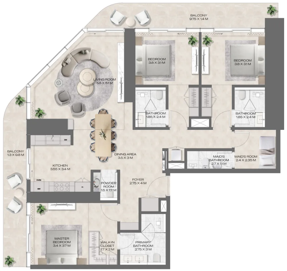 DWTN Residences 3 bed floor plan, 2,083 sqft