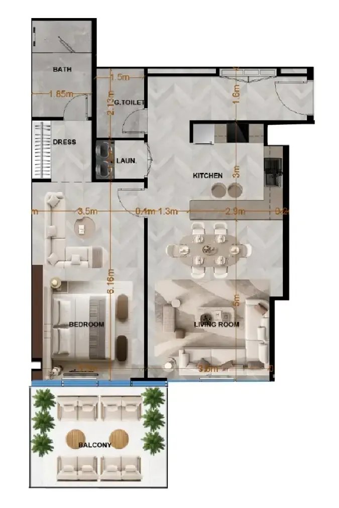 Radiant Terrace 1 bed floor plan, 997 sqft