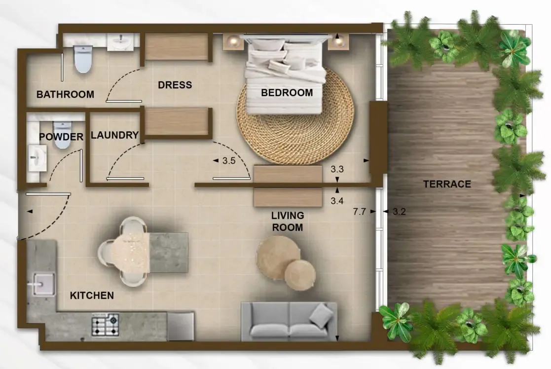 105 Residences by Kamdar 1 bed floor plan, 736 – 738 sqft
