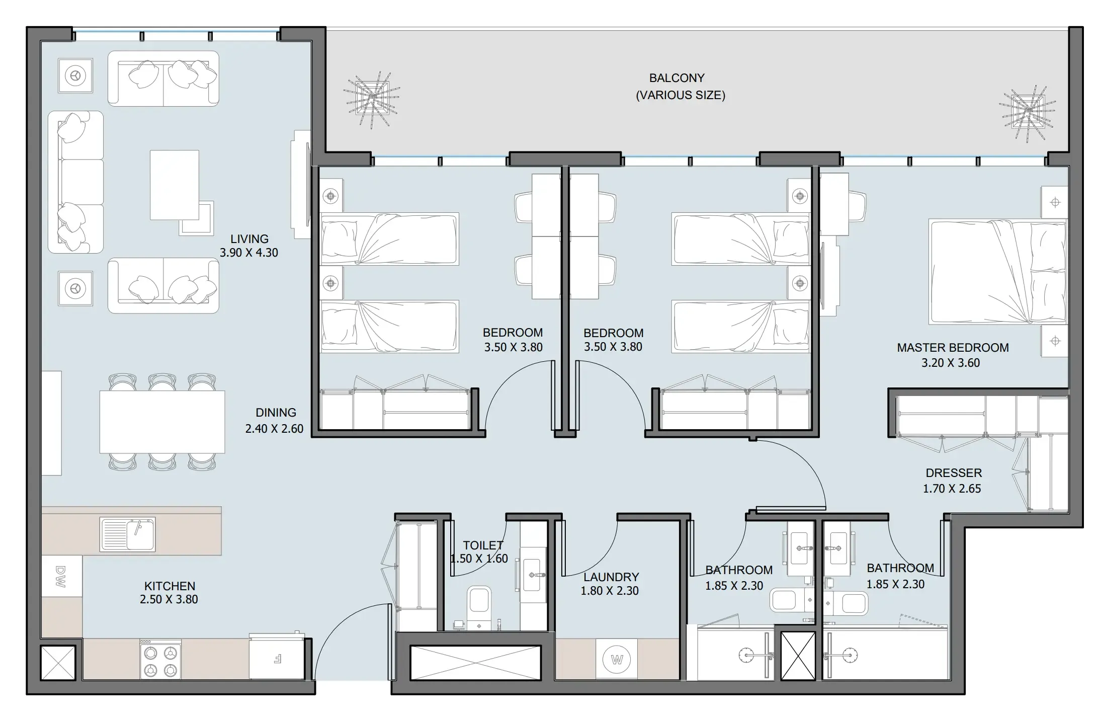 The District 3 bed floor plan, 1,460 sqft