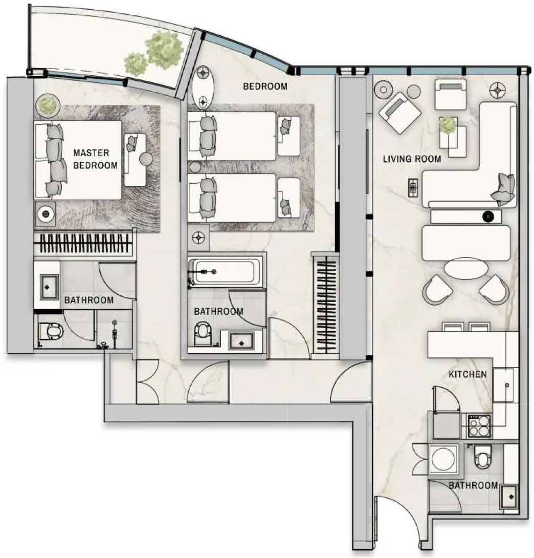 The Biltmore Residences Sufouh 2 bed floor plan, 1,076 – 1,124 sqft
