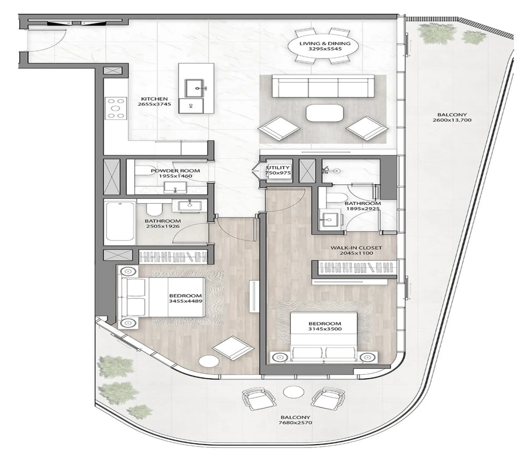 DG1 Living 2 bed floor plan, 1,725 sqft