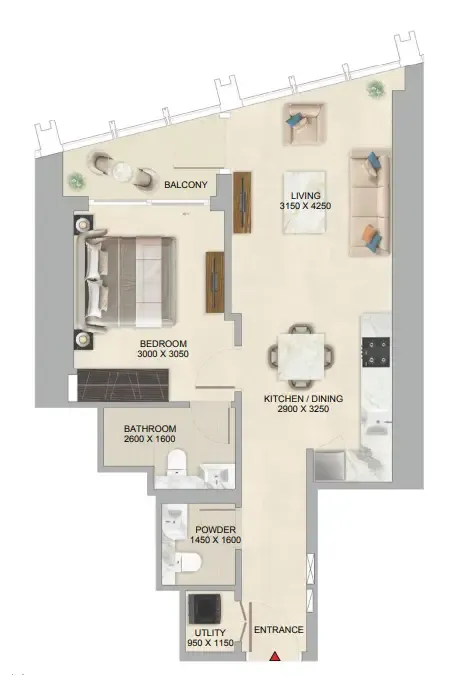 The Mirage at Sobha Central 1 bed floor plan, 648 – 651 sqft