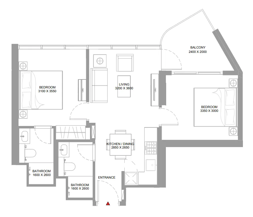 Bayside Marina Residences 2 bed floor plan, 709 – 718 sqft