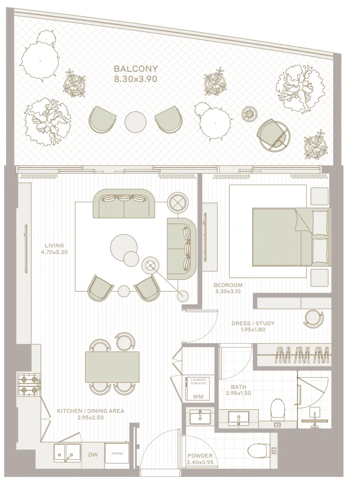 Park Five 1 bed floor plan, 1,025 sqft