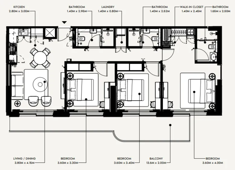 Azizi Wasel 3 bed floor plan, 1,366 sqft