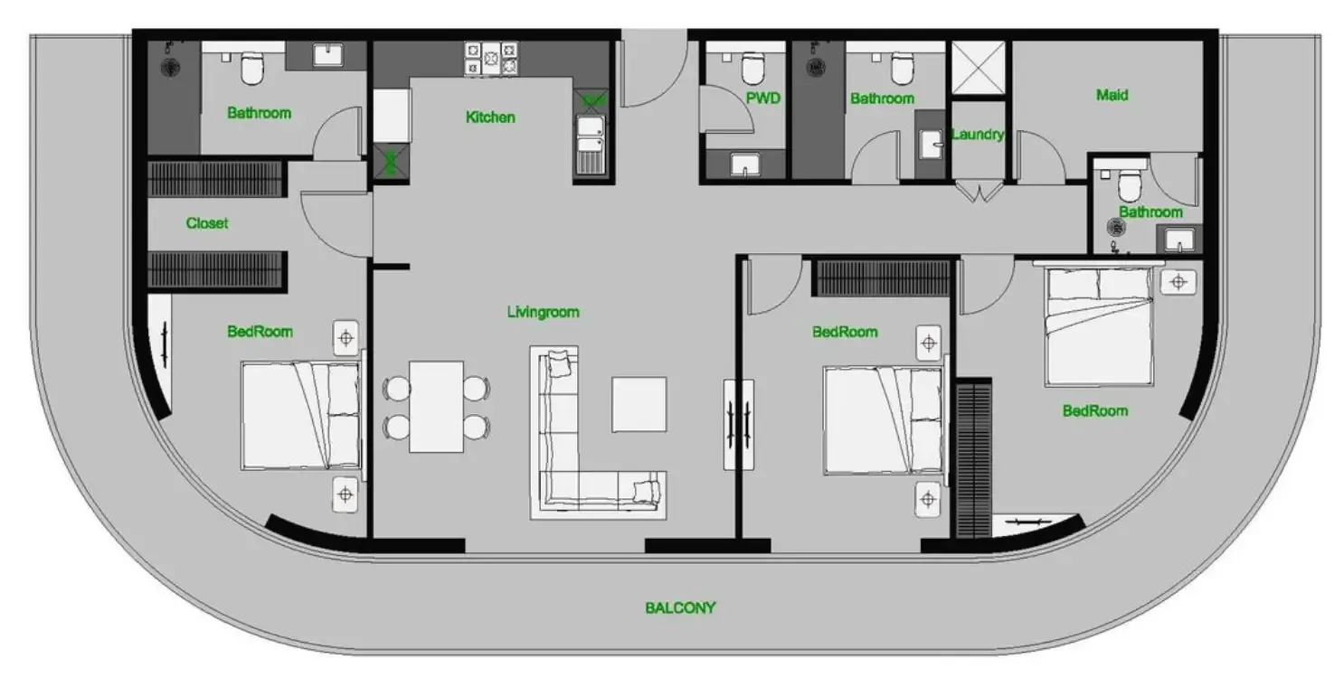 The Central Downtown 3 bed floor plan, 2,225 sqft