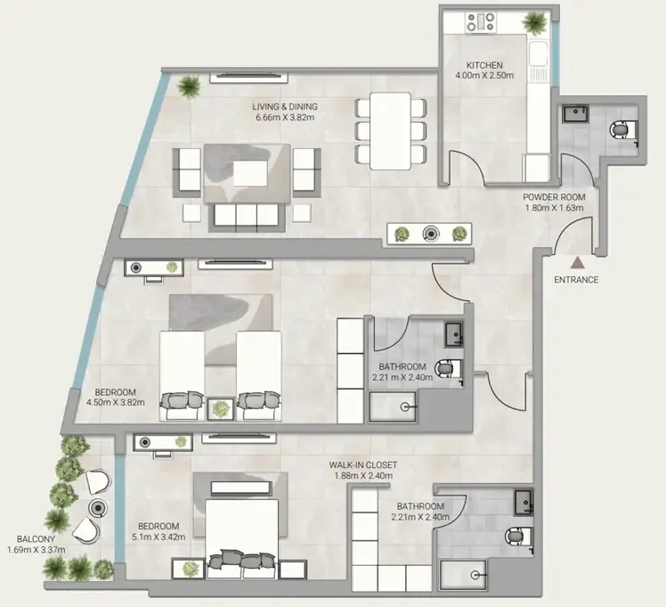 Ajman Creek Towers 2 bed floor plan, 1,996 sqft