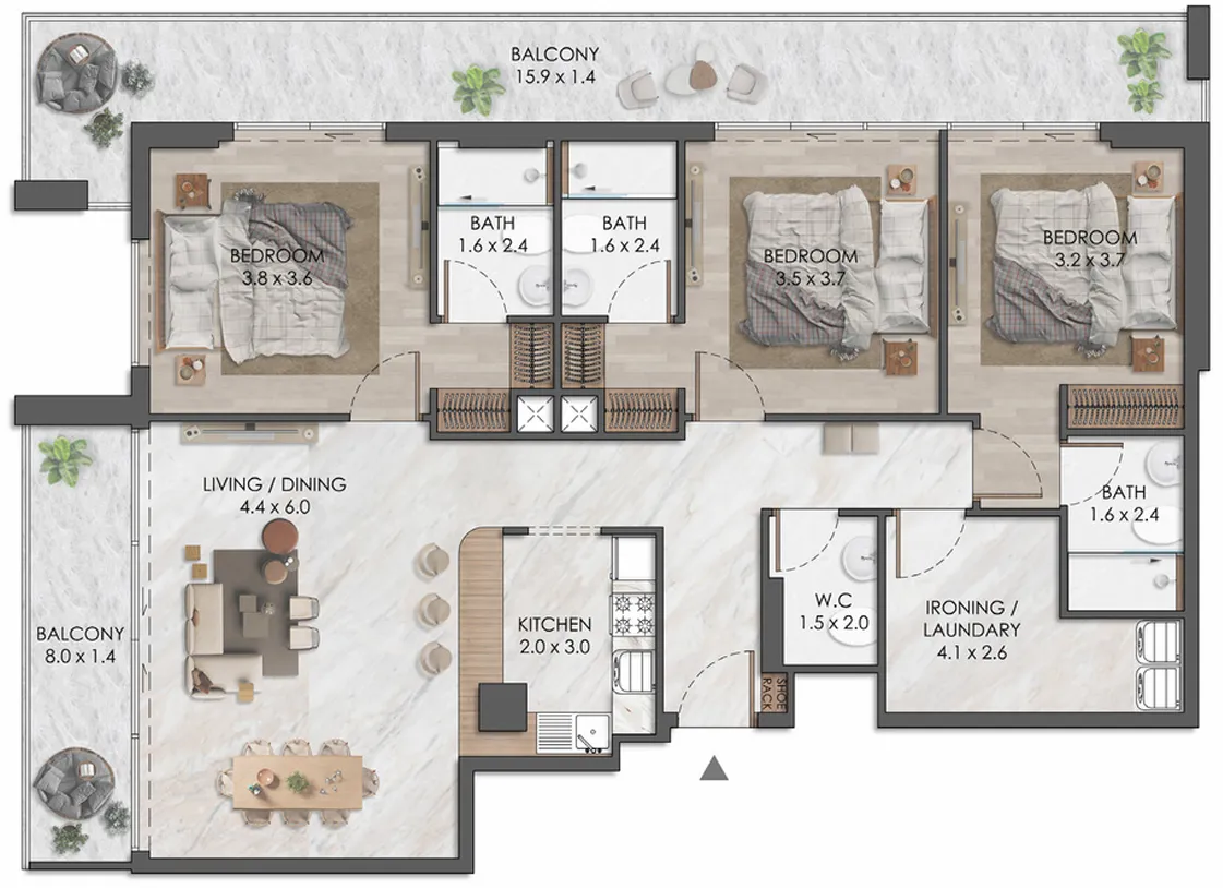 Almaara Residences 3 bed floor plan, 1,740 sqft