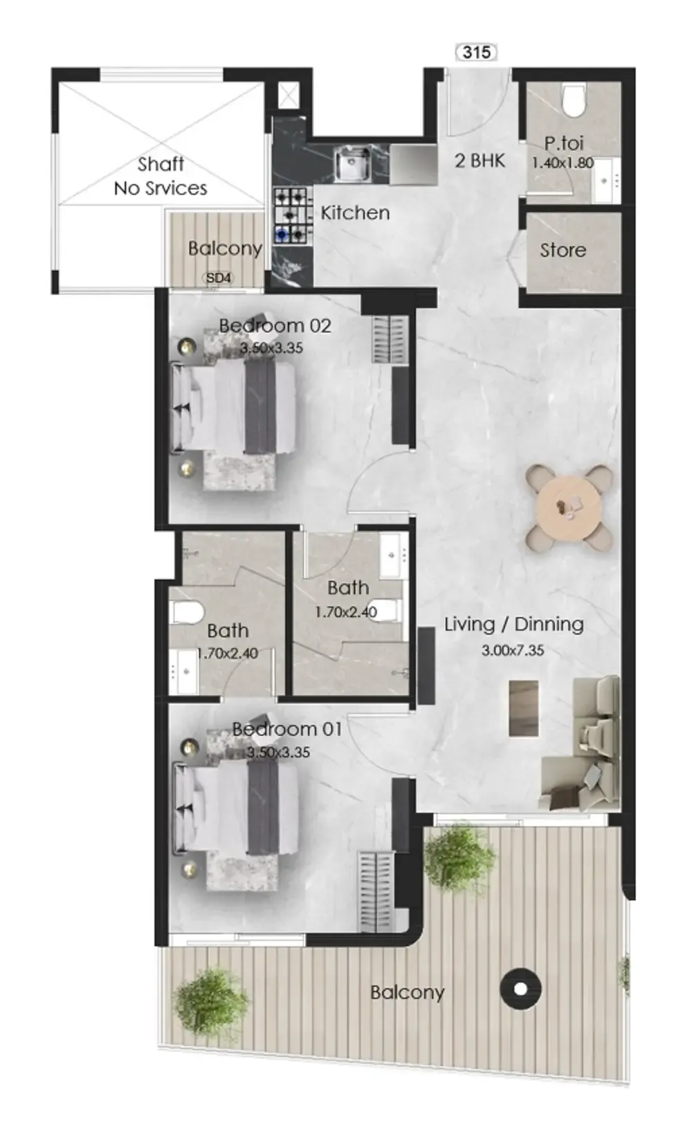 Aristo 2 bed floor plan, 997 sqft