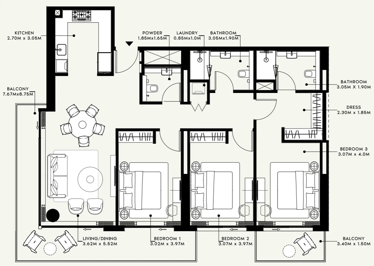 Azizi Venice 3 bed floor plan, 1,579 sqft
