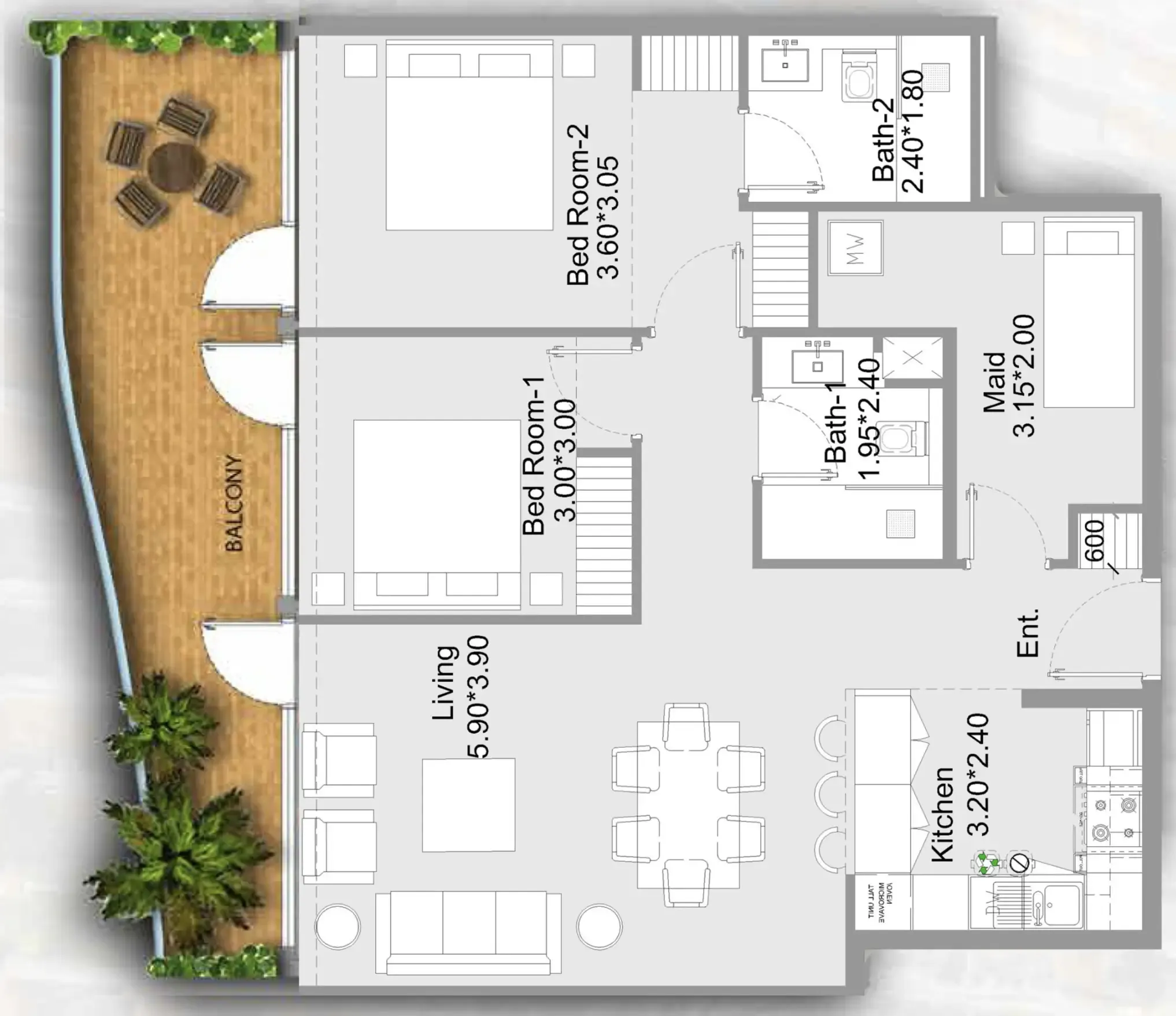 311 Boulevard 2 bed floor plan, 1,235 sqft