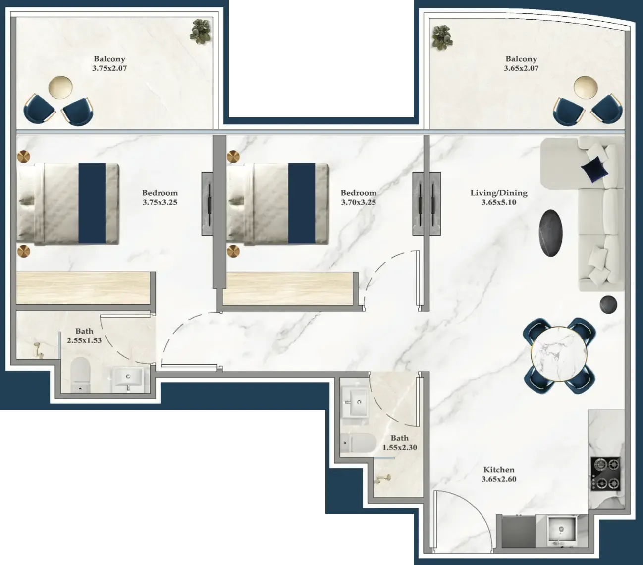 Serenz 2 bed floor plan, 854 sqft