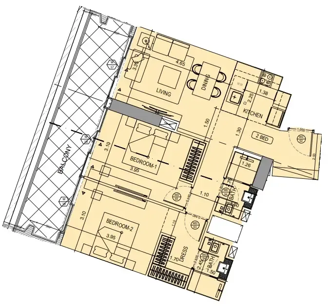Binghatti Pinnacle 2 bed floor plan, 1,082 sqft