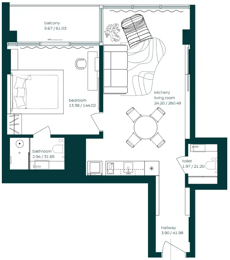 Vibe 1 bed floor plan, 644 sqft