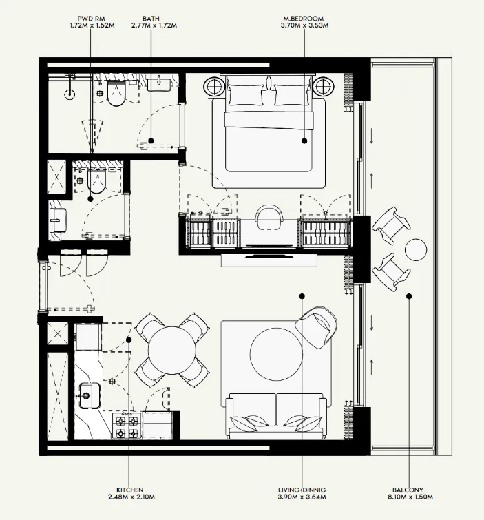 Azizi Venice 1 bed floor plan, 689 sqft