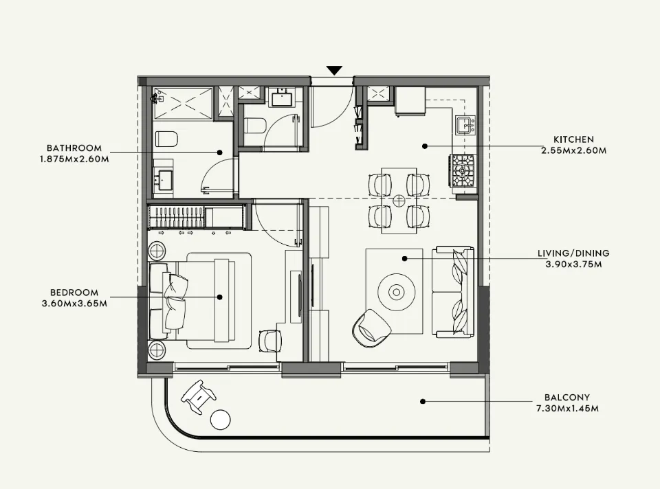 Azizi Venice 1 bed floor plan, 689 sqft